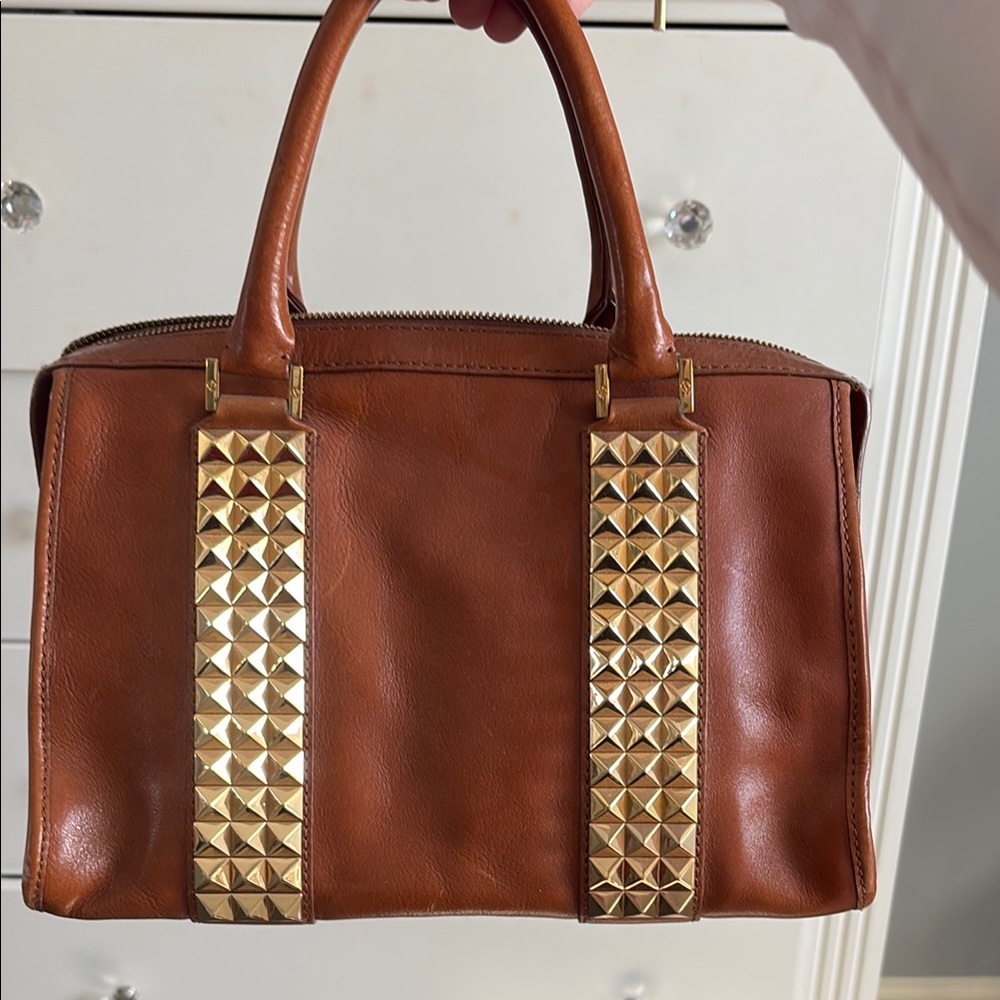 Designer Brown Leather Handbag with Gold Accents